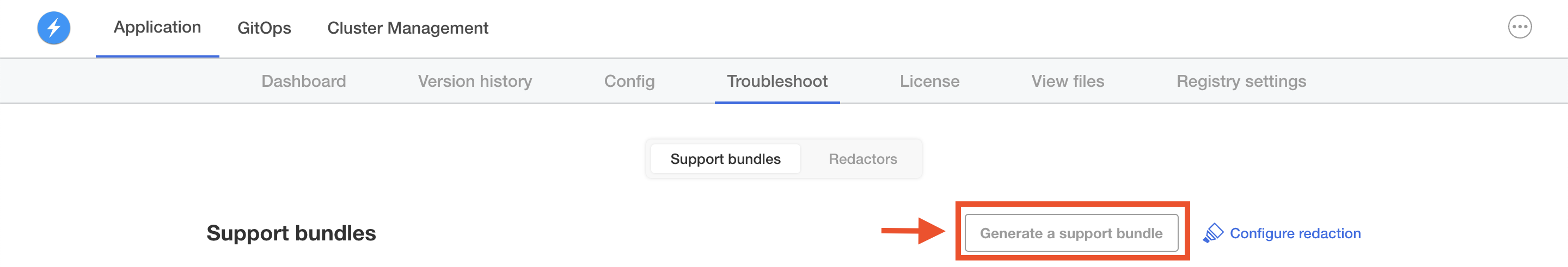 Screenshot of the 'Generate a support bundle' button in the kots dashboard under the Troubleshoot tab. 