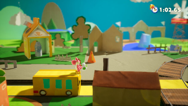 A screenshot from Yoshi’s Crafted World, showing that the entire world is made of recycled household items