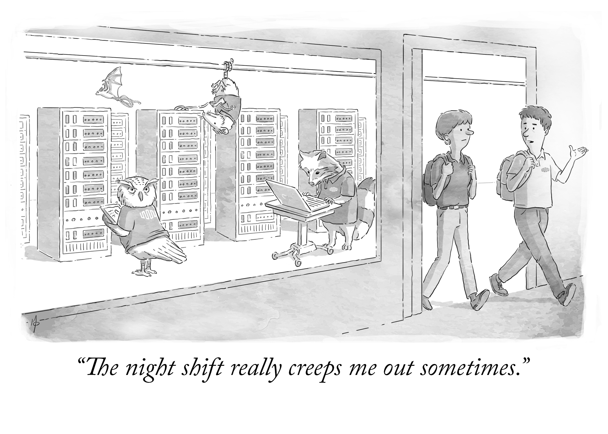 New Yorker style illustration. Two people are having a conversation on their way out of a server room - which is full of night time animals working for Equinix. The caption reads: The night shift really creeps me out sometimes.