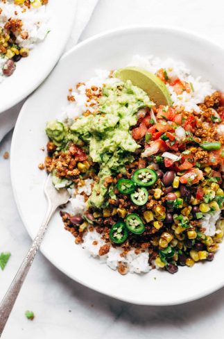 Cauliflower Walnut Taco Meat in a bowl with taco fixings.