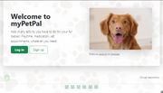 The landing page for myPetPal, featuring a picture of a dog next to the main heading and the login and signup buttons