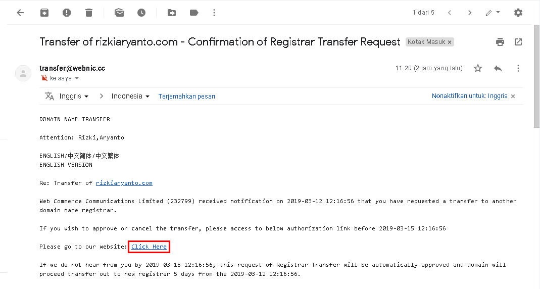 Menerima permintaan untuk transfer dari email registrar