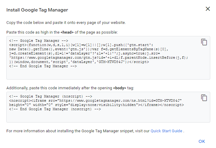 google tag manager (gtm) tracking snippet and instruction on where to place code on website