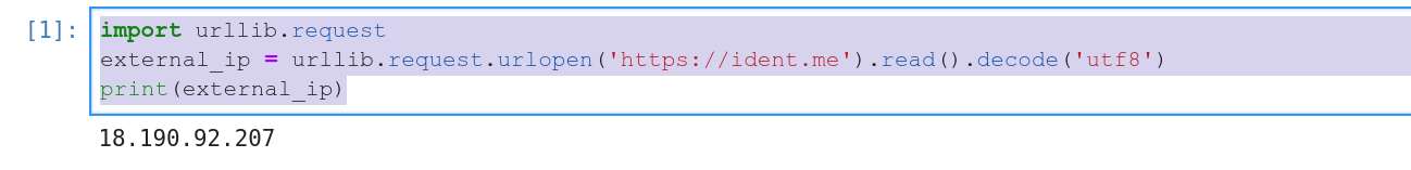 Screenshot of Jupyter chunk inside Saturn Cloud, showing code to verify an IP address