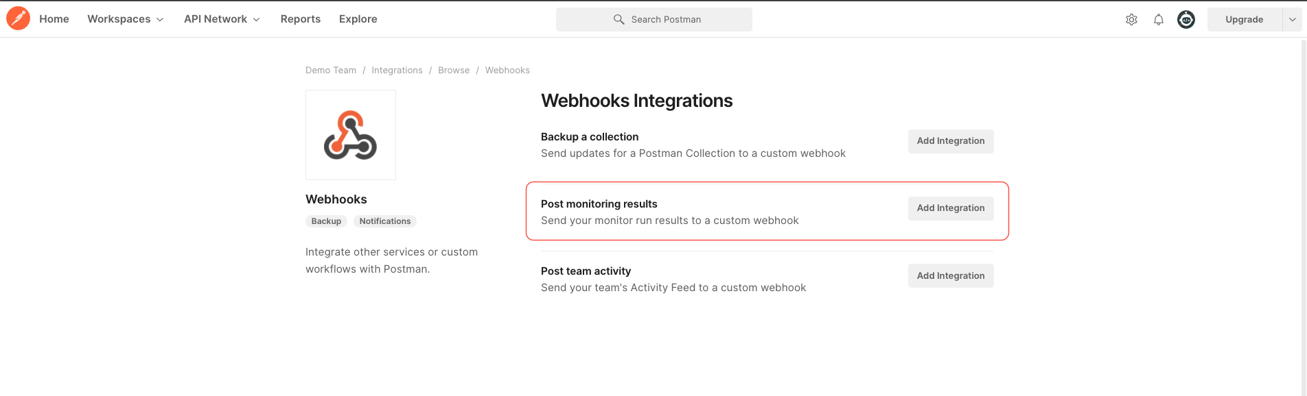 Webhooks Integrations page.