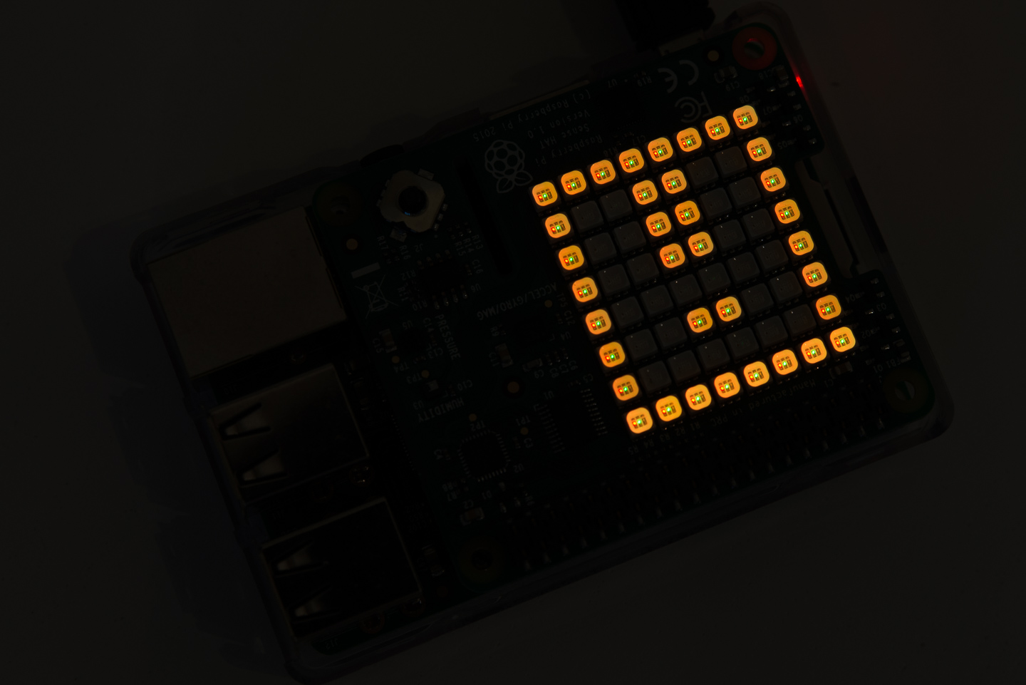 Raspberry Pi Sense HAT showing warning message on LED