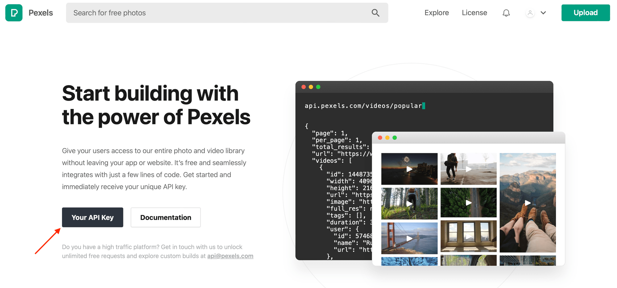 Screenshot of Pexels API page