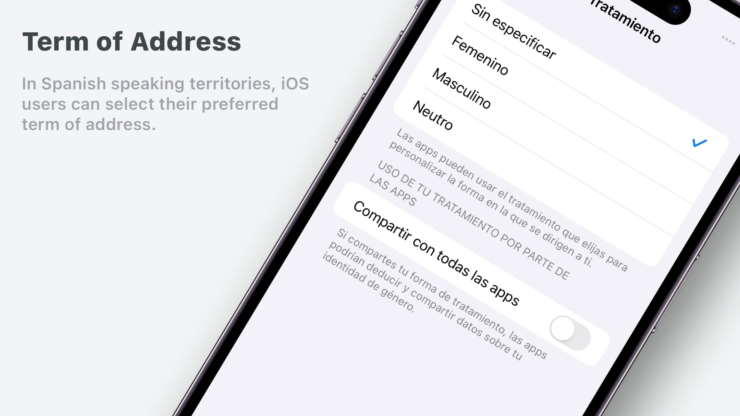 Setting your term of address in iOS' settings in Spanish.