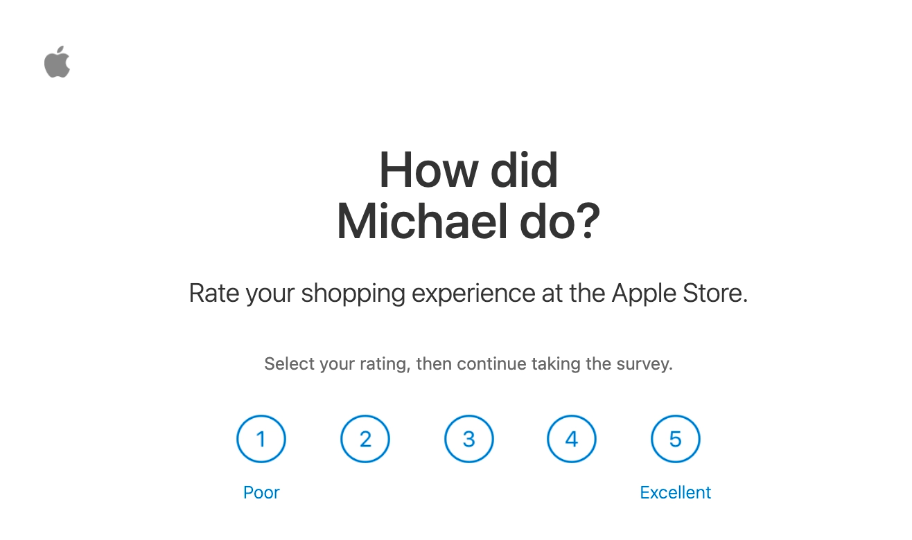 A rating scale question from Apple asking how their sales assistant Michael did and how their recent shopping experience was.
