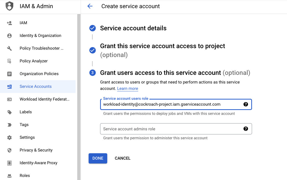Adding the workload identity role to the service account users role box