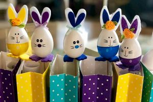 Easter donation bags with eggs decorated to look like cute bunnies