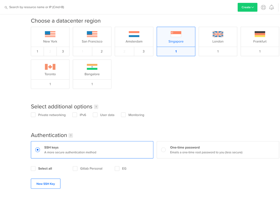 Create a droplet, datacenter and authentication datacenter region selection with Singapore selected and authentication options