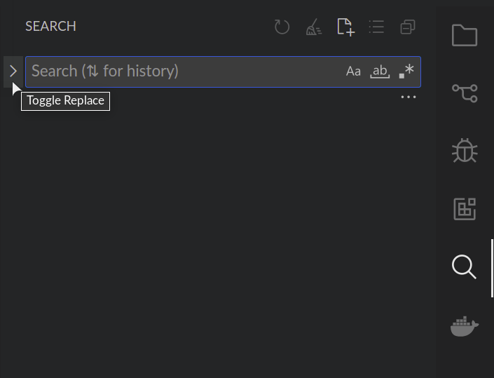 hovering over the toggle replace button in the of search panel in sidebar in vs code