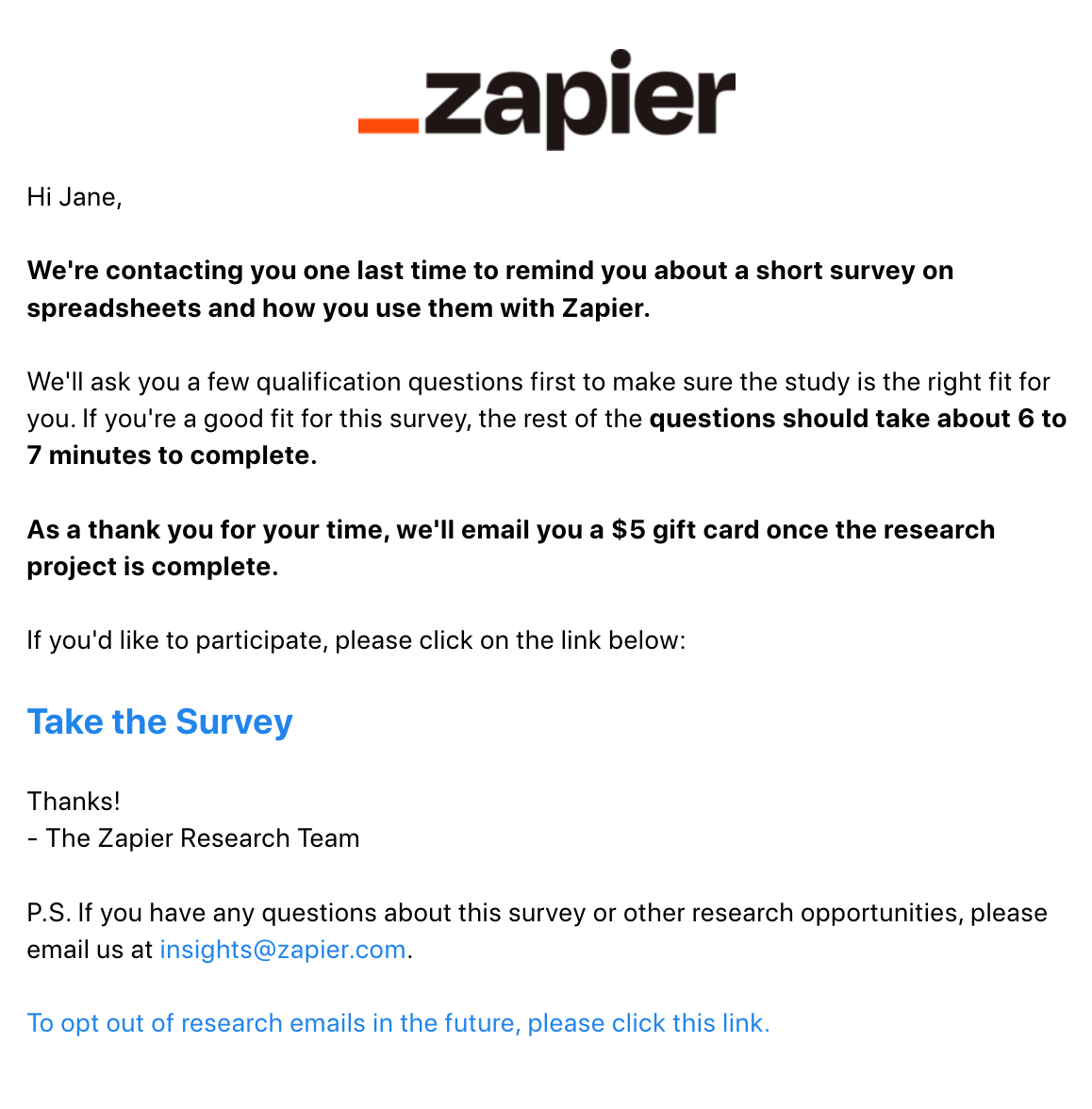 Survey Email Examples: Screenshot of Zapier's survey email
