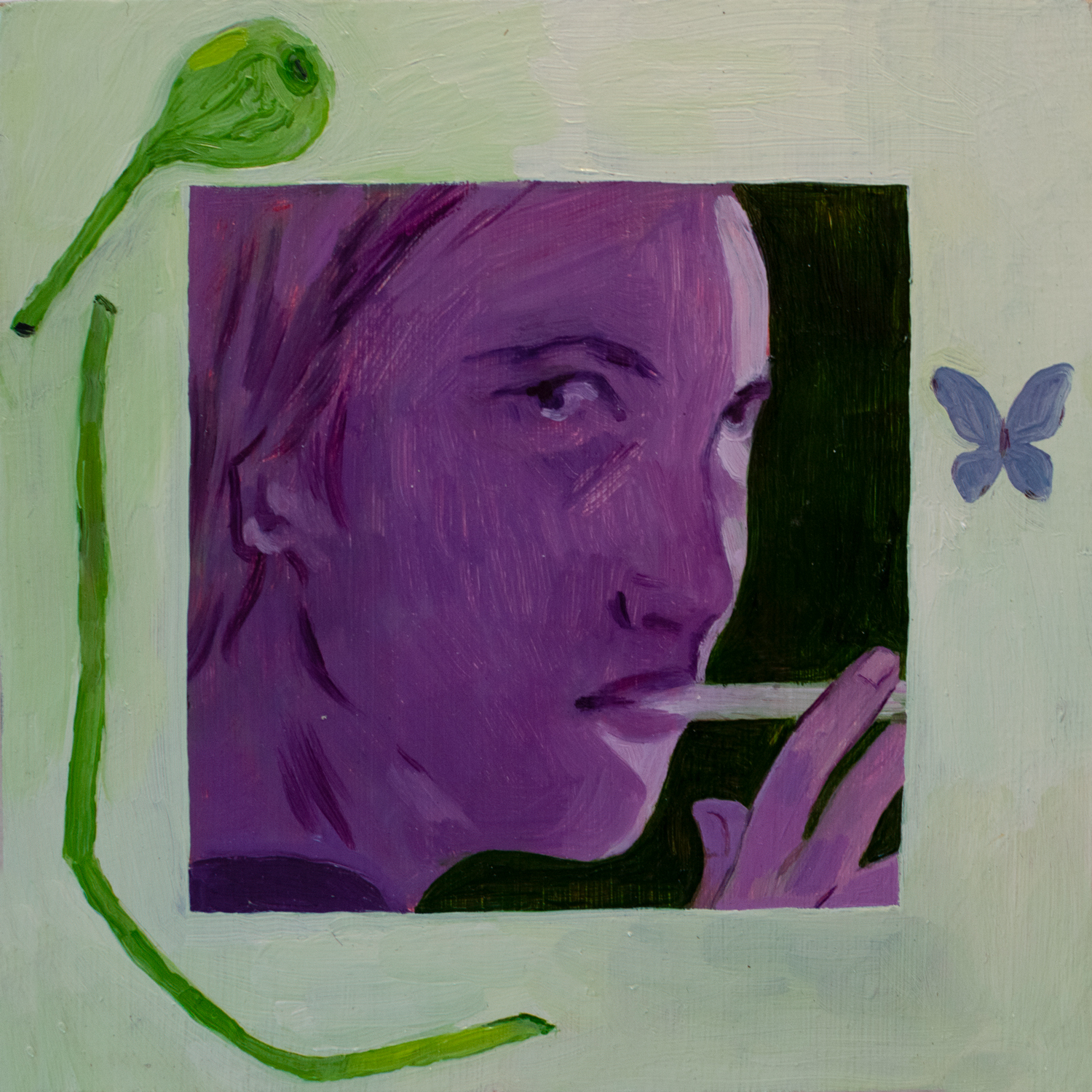 Portrait of a face caught in nighttime light, smoking a cigarette. A broken flower pod and a butterfly sticker surround.
