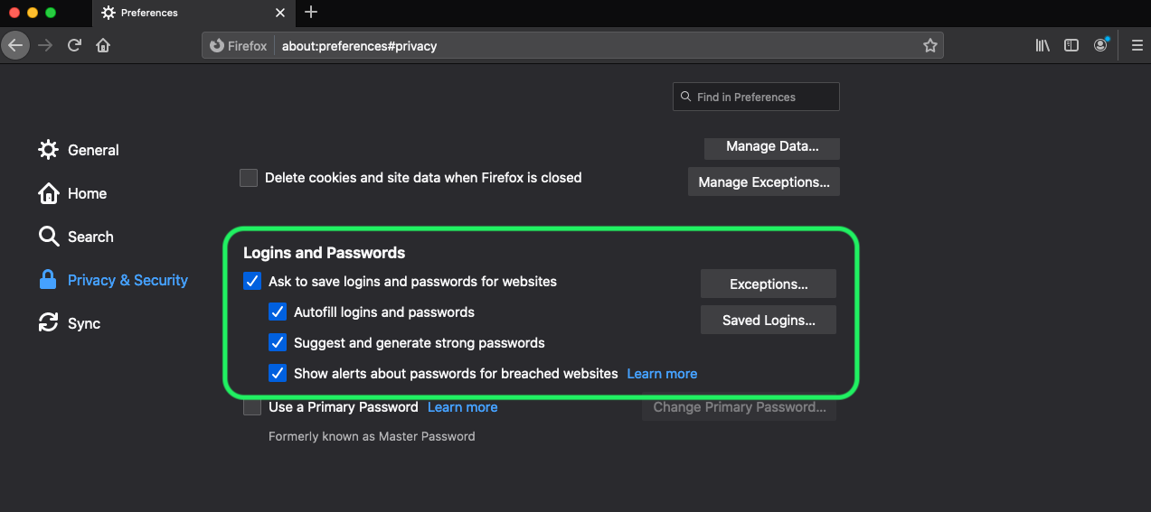 Firefox Password Options