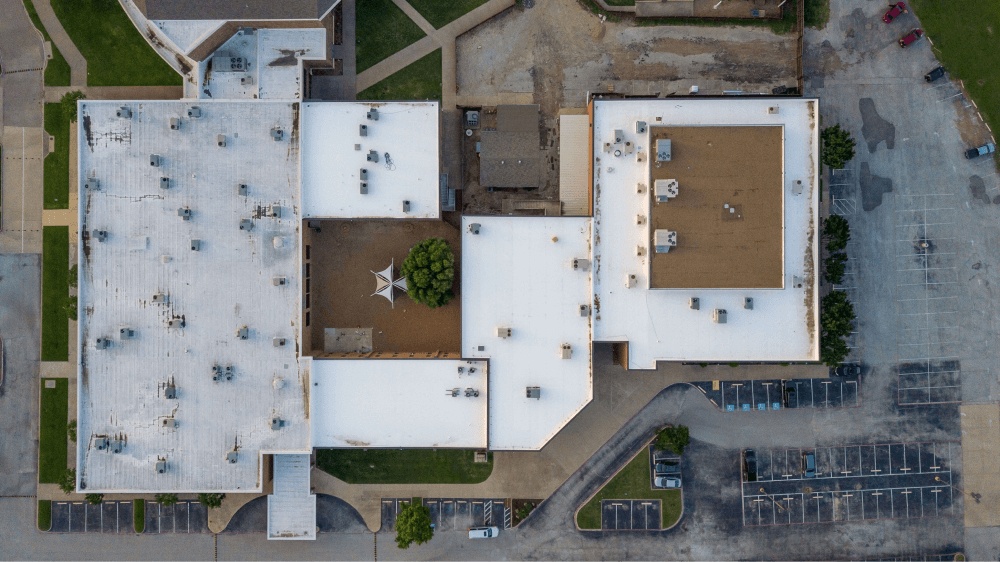 An aerial shot of the top of a commercial roof