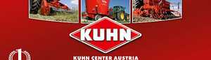Bild mit dem Kuhn Logo und 9 kleineren Bildern die von Kuhn hergestellte landwirtschaftliche Geräte zeigen