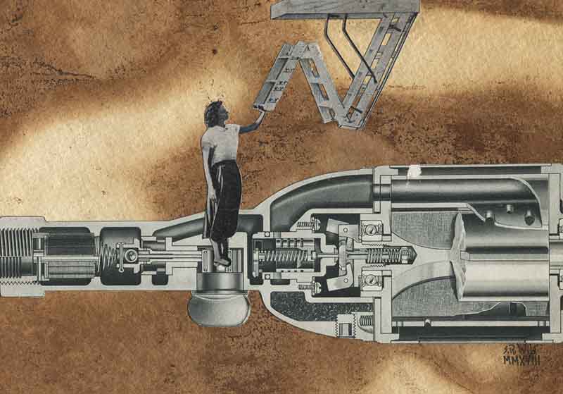 A woman pulling down a set of stairs standing on a cutaway of a mechanical devices. Background is light and dark brown tea stained paper.