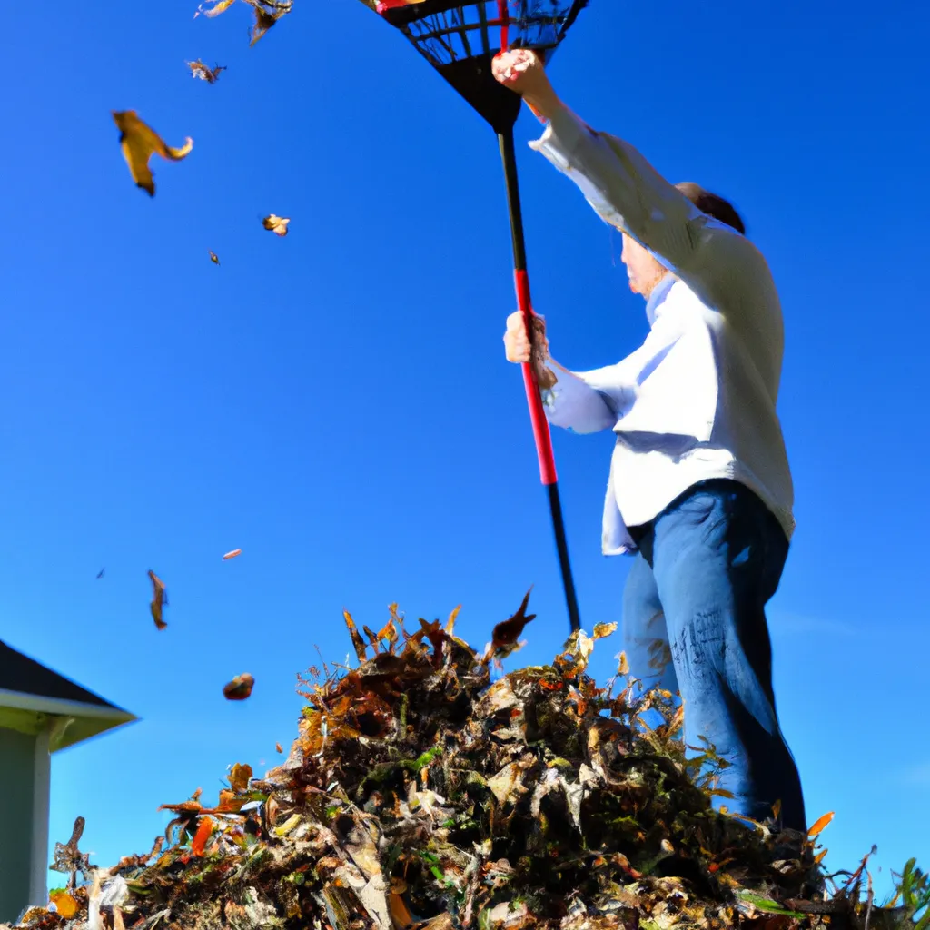An image of a person raking leaves in a yard with a clear blue sky in the background.
