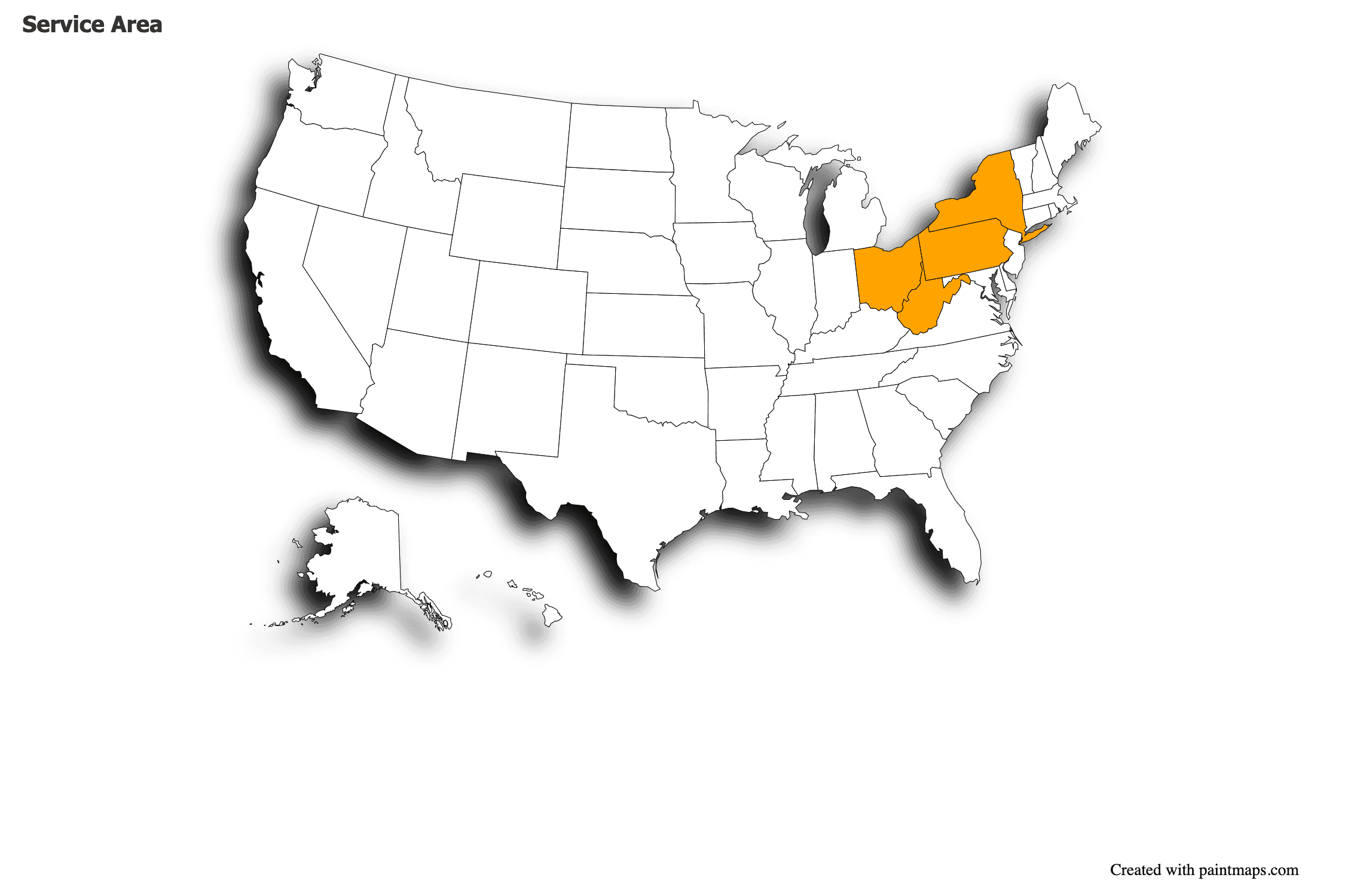Map of United States with highlighted service area of Pennsylvania, New York, Ohio, and West Virginia