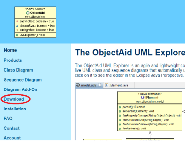 Página principal do ObjectAid menu opção download