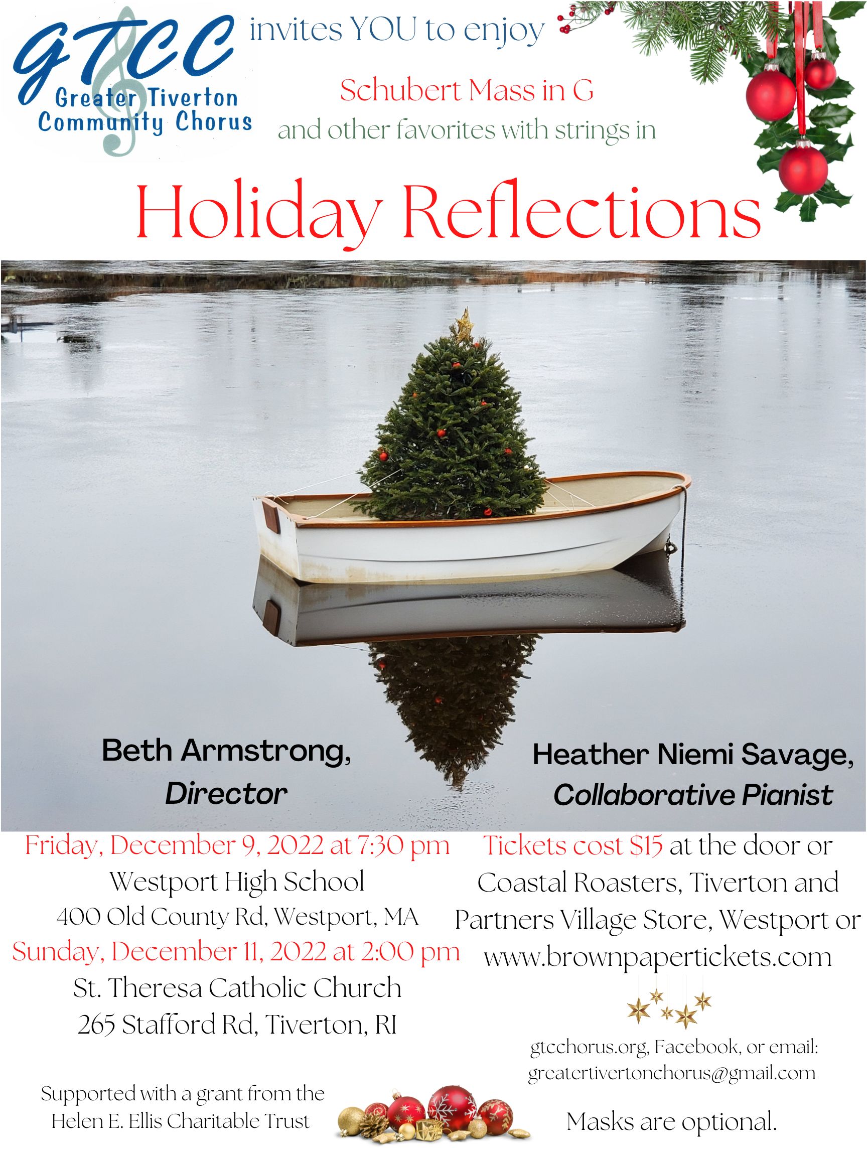 Poster for the Greater Tiverton Community Chorus Winter 2022 Concert: Holiday Reflections