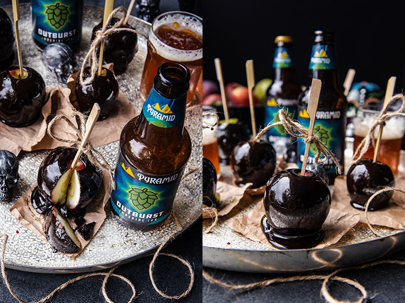 (Left) Halloween snack recipe candied caramel apples with ale. (Right) Beer-infused Halloween recipe treat caramelized apples