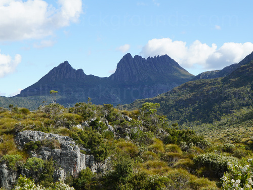Mountain range in the distance with cliffs and trees in foreground Zoom background