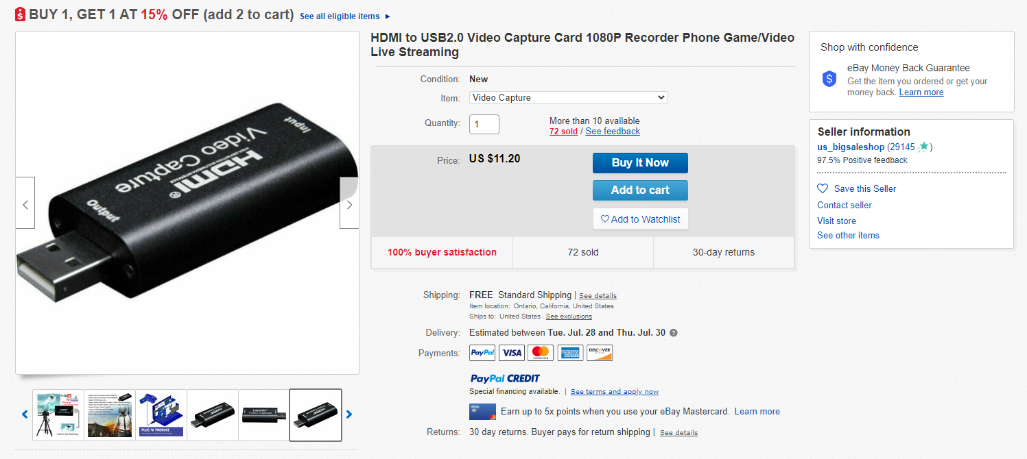 Screenshot of HDMI for sale on eBay for $11.20