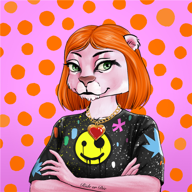 Art of a pink panther with her arms folded across her chest. She has red hair and a black t-shirt with a smiley face on it.