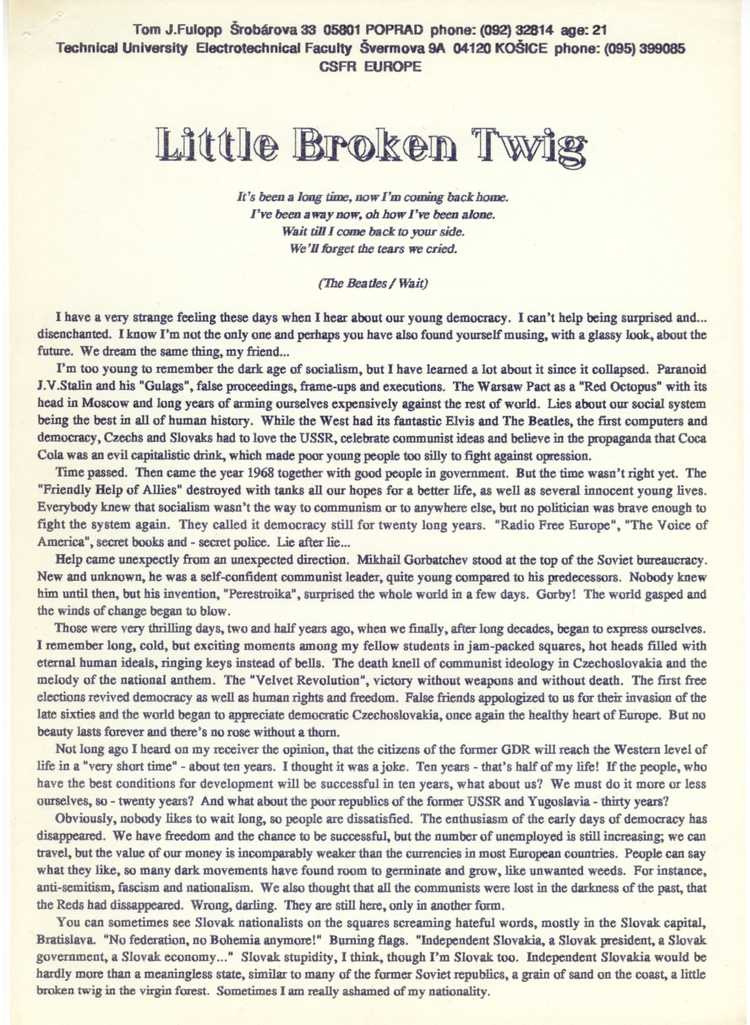 Pôvodný výtlačok eseje v angličtine Little Broken Twig