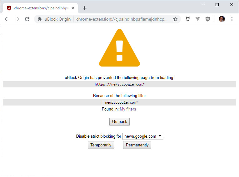 The browser blocks subsequent visits to uBlock Origin