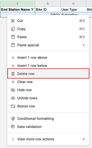 Rows of data in Google Sheets, as shown after applying a filter. The rows have been selected and "Delete selected rows" has been selected from the drop-down menu.