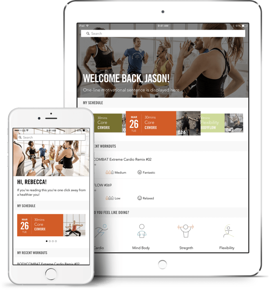 Screenshot of Les Mills user dashboard designed for iPhone and iPad.
