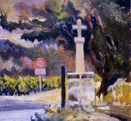 painting of junction with stop sign and statue of a cross