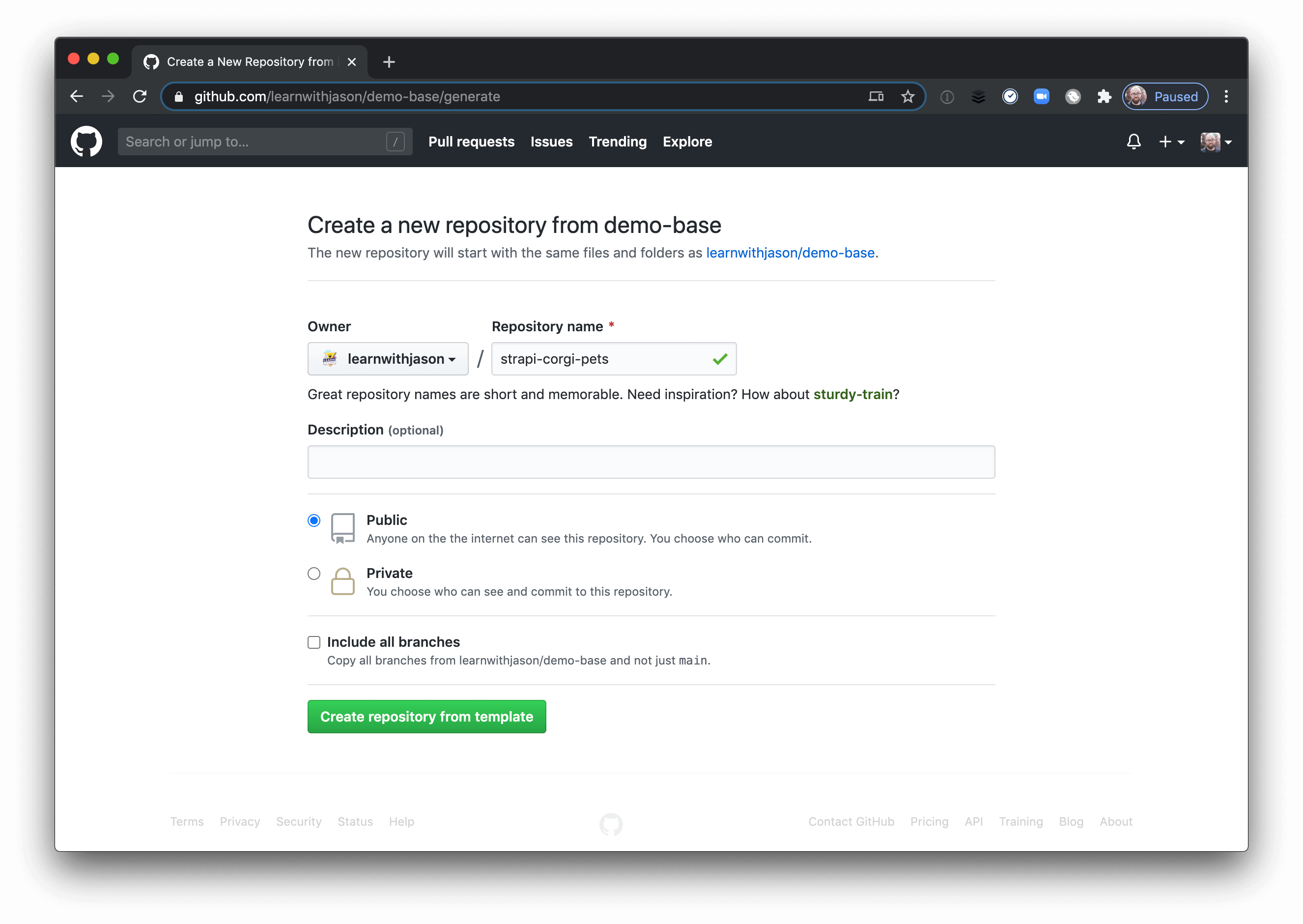 Create a new GitHub repo using a template repository.