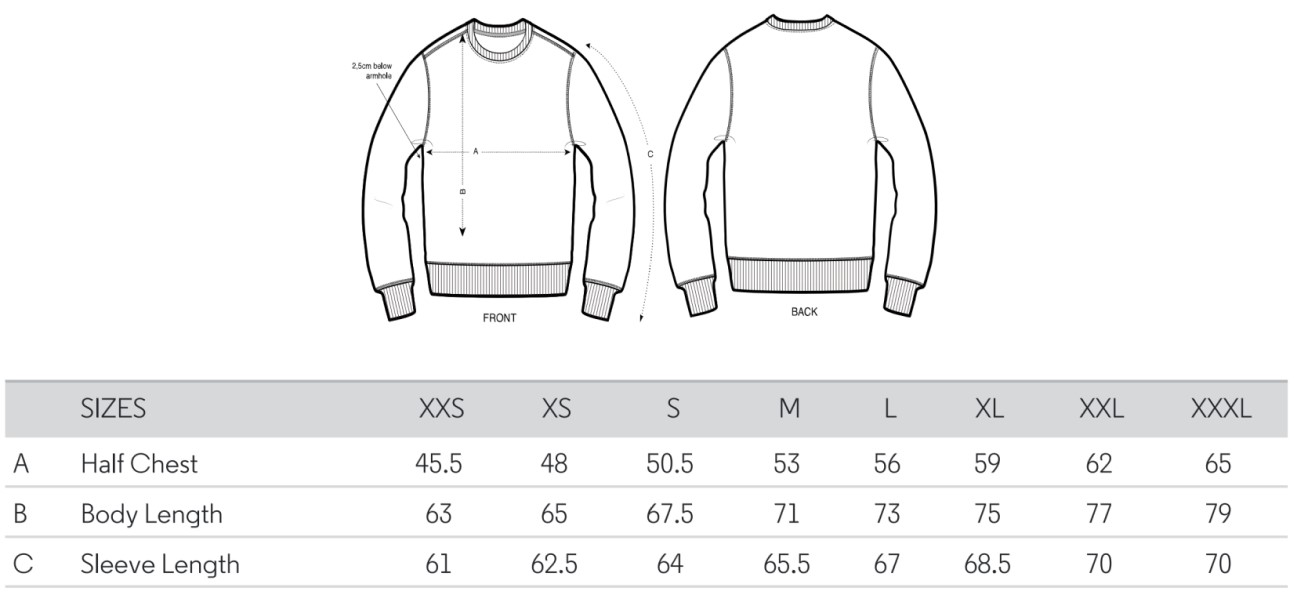 Sweatshirts size guide