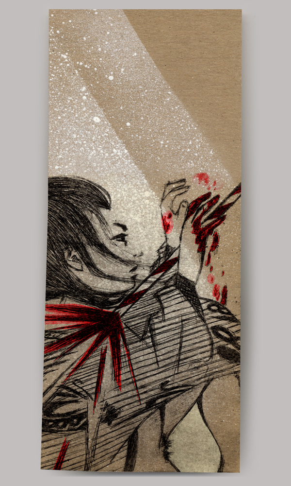 A digital collage using an intaglio print on cardboard, titled 'Lady Snowblood', of a young woman in a kimono with bloody hands and a lit roman candle.