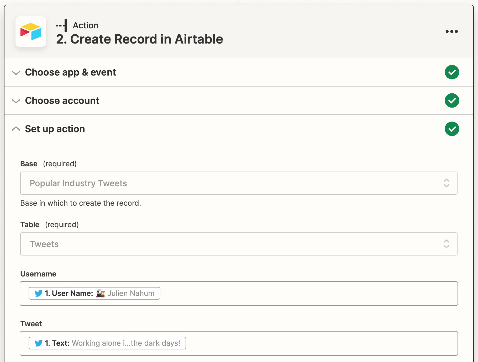 Screenshot of Zapier Airtable create record action setup