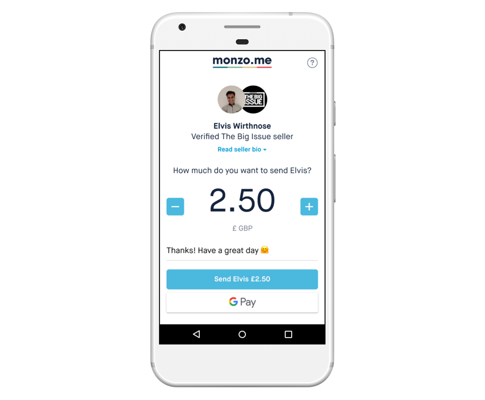 A Big Issue vendor's Monzo.me page