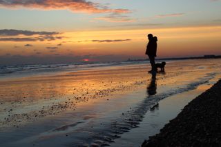 Silhouette of a man and dog. Stood on sand as the tide rolls out into the horizon. Sunset behind them obsucred by clouds.