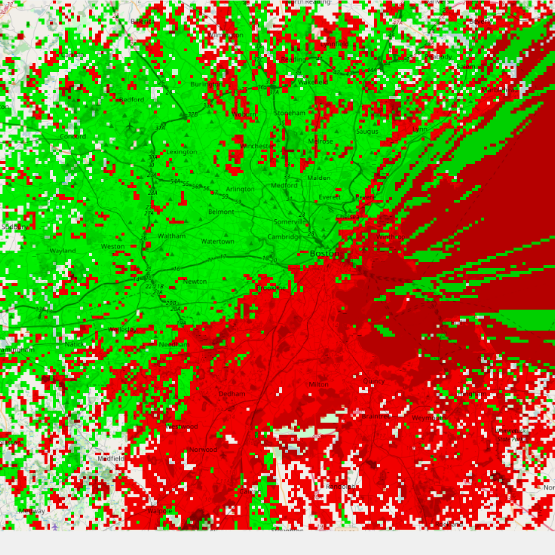 pirate FM translator interference map with interference in red and coverage in green.