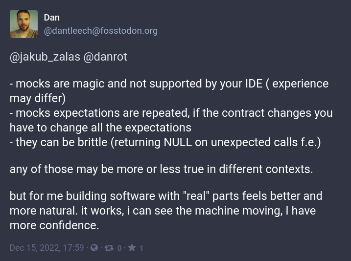 A comment about some weaknesses of test doubles/mock objects, with a link to the original comment on Mastodon.