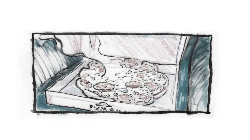 Hand-drawn storyboard for Pizza Hut pitch, Cheesy Crust Fun, frame 07B