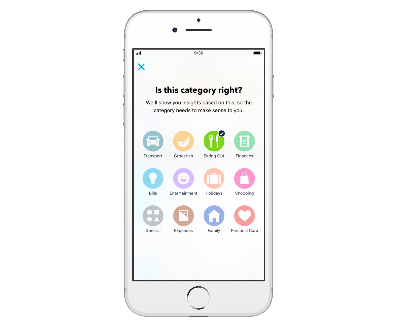 Screen showing new categories in the Monzo app