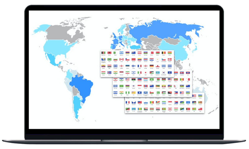世界の国旗と世界地図を映したノート PC 画面