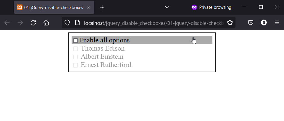 Disable checkboxes with jQuery attr method
