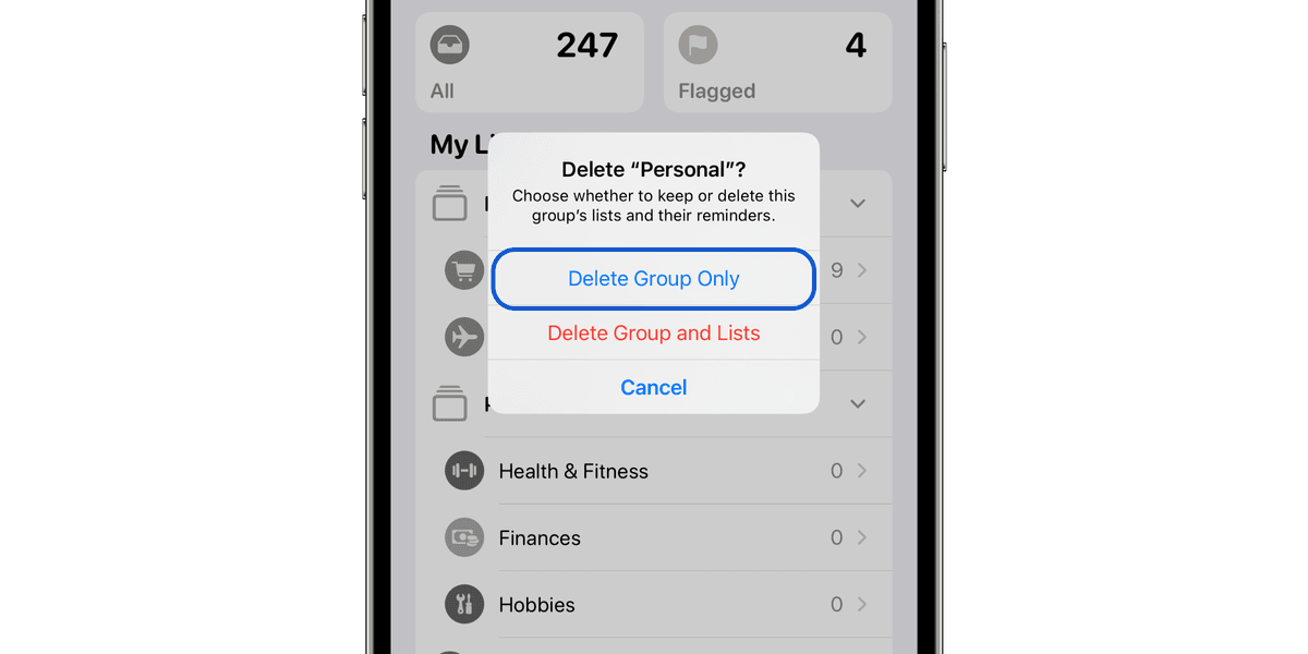 Select Delete Group Only to delete the keep and keen the reminder lists