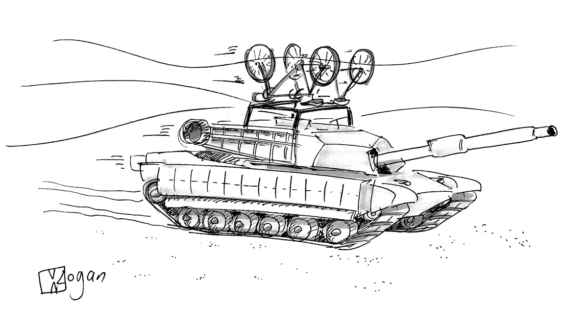 (A tank races through the desert with two bikes on top.)